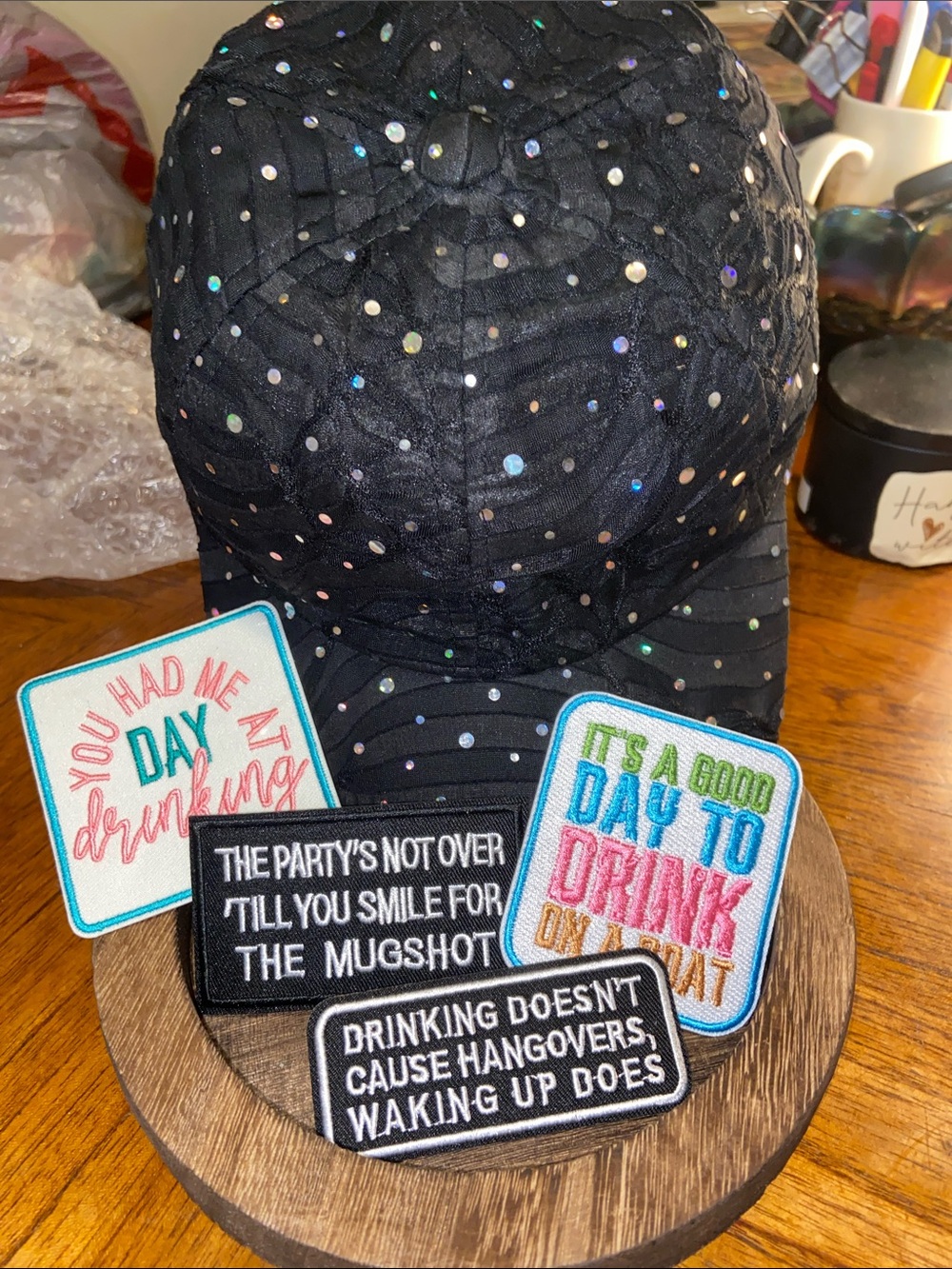 Black Sequin Ladies Cap with Iridescent Dots/ Funny Patches